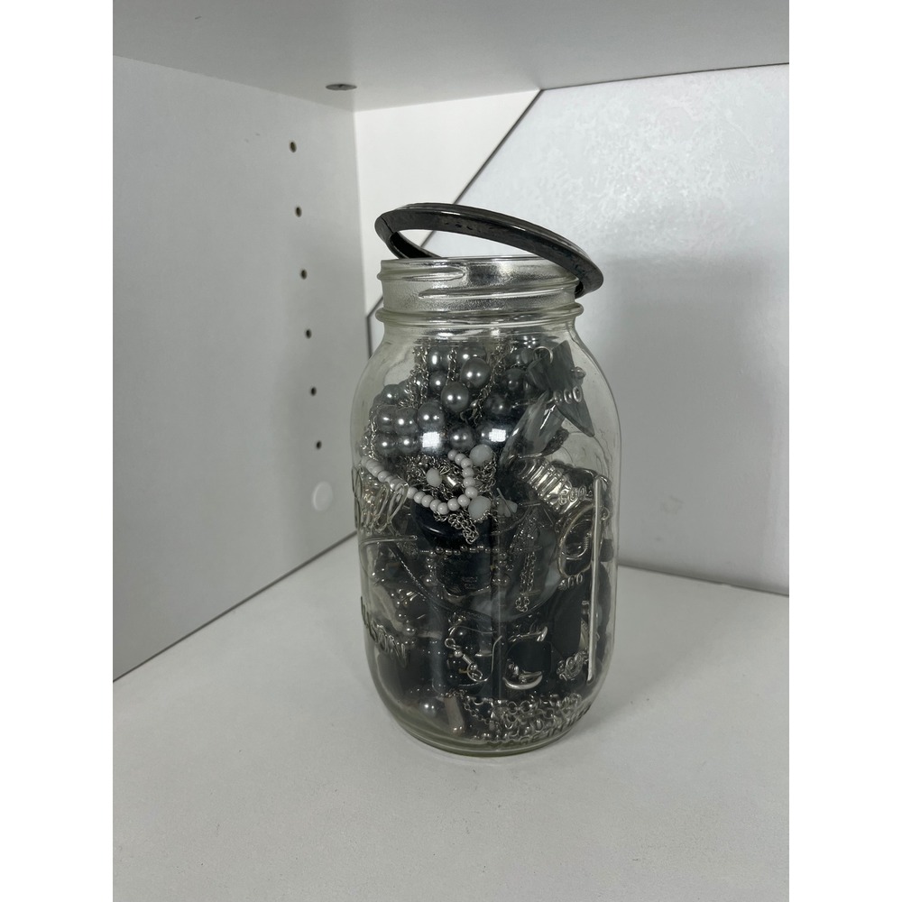 Black and Silver Tone‎ Mixed Costume Jewelry Lot in Mason Jar Assorted Bundle - Picture 3 of 8